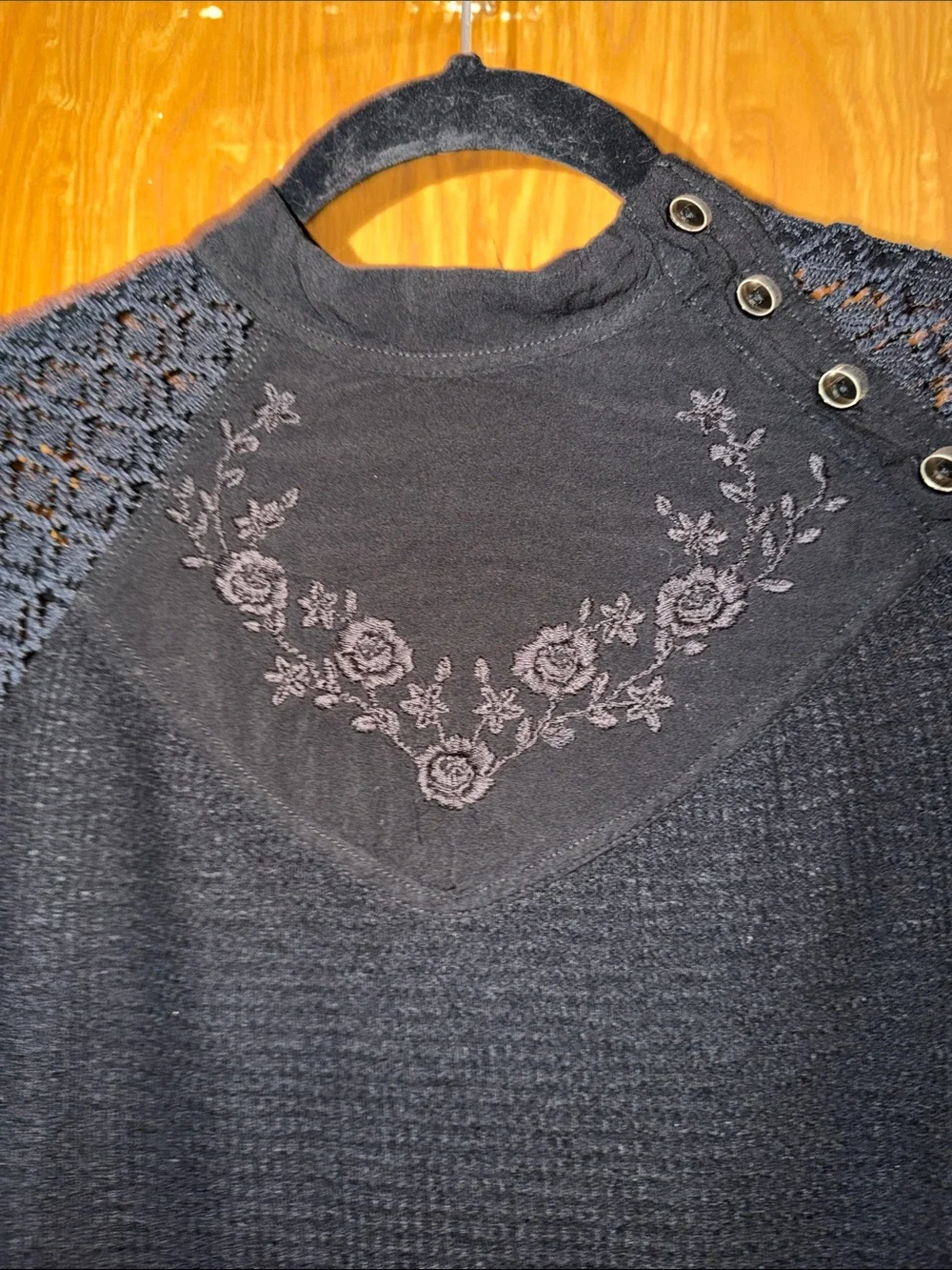 Free People Black Lace Sleeve Embroidered Yoke Long Sleeve Top